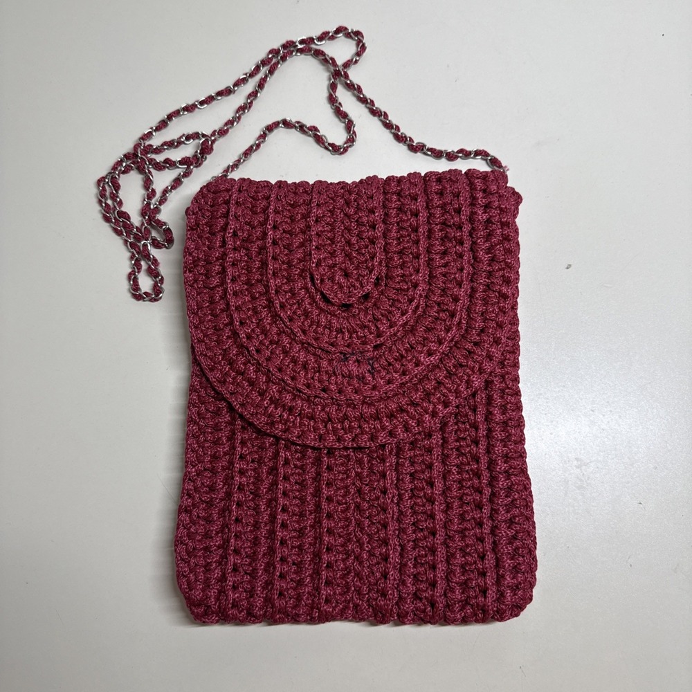 Handmade Croshet Cross Body Small Bag With Flap Burgundy